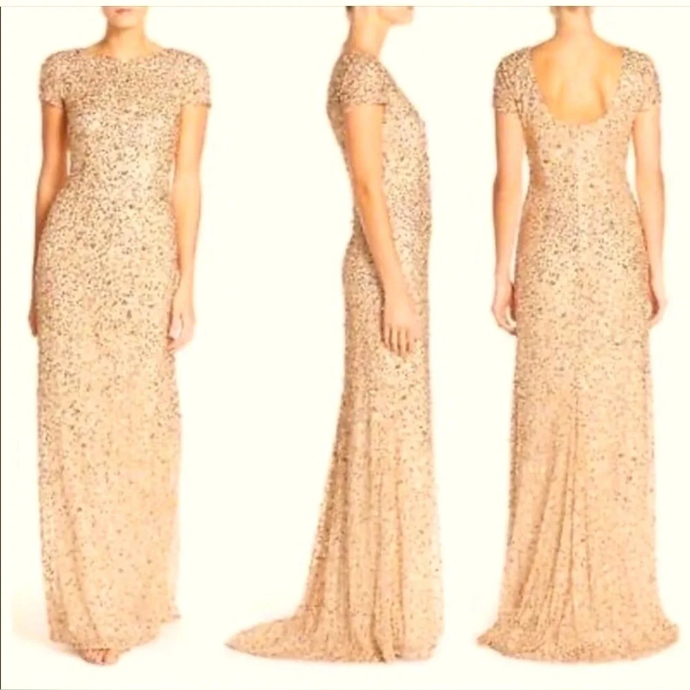 Anthropologie BHLDN Adrianna Papell Lucent Elegant Gold Sequin Evening G…